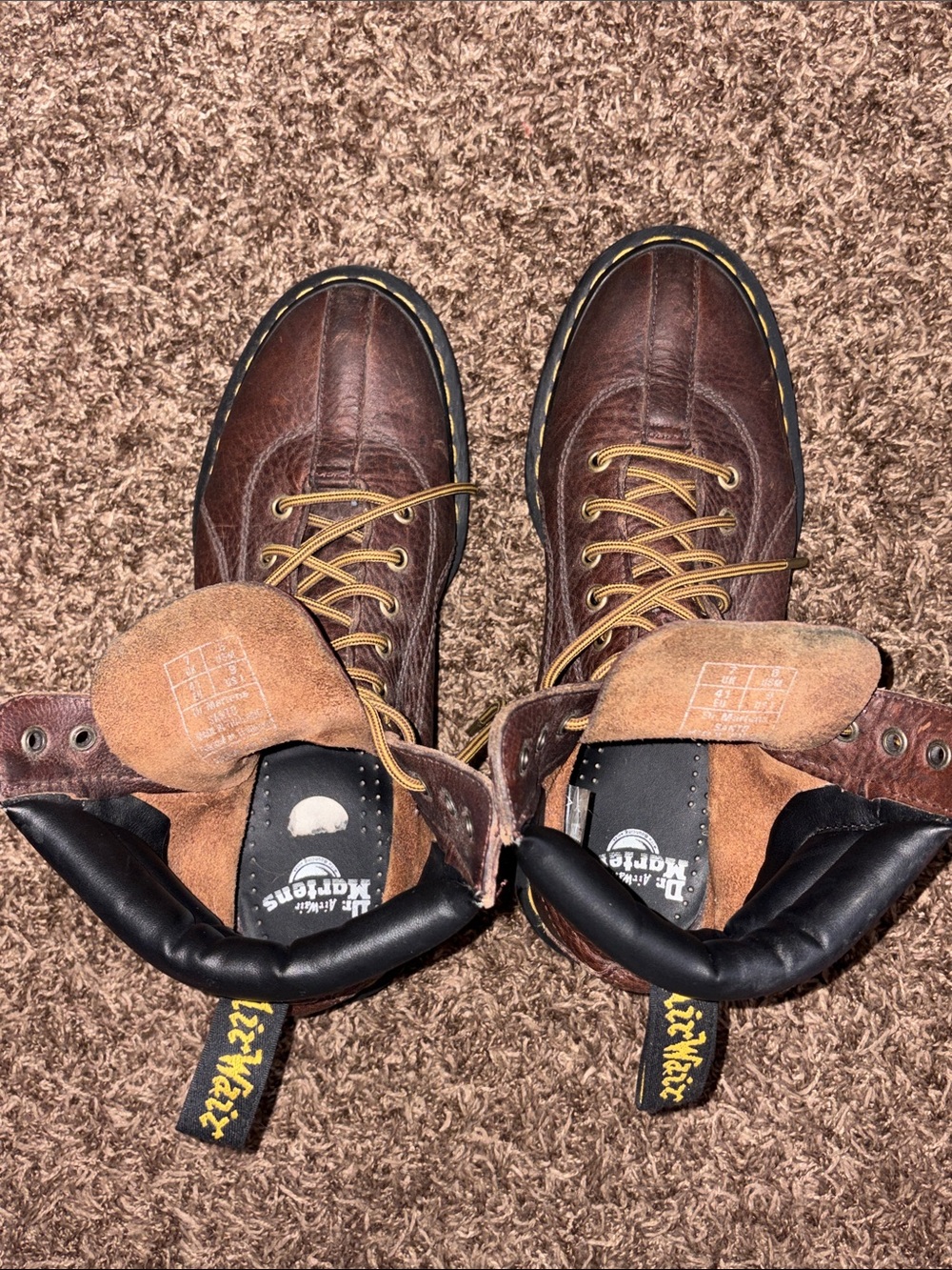 Dr. Martens Airwair Brown Leather Lace-Up Ankle Boots with Yellow Stitching - Picture 2 of 6